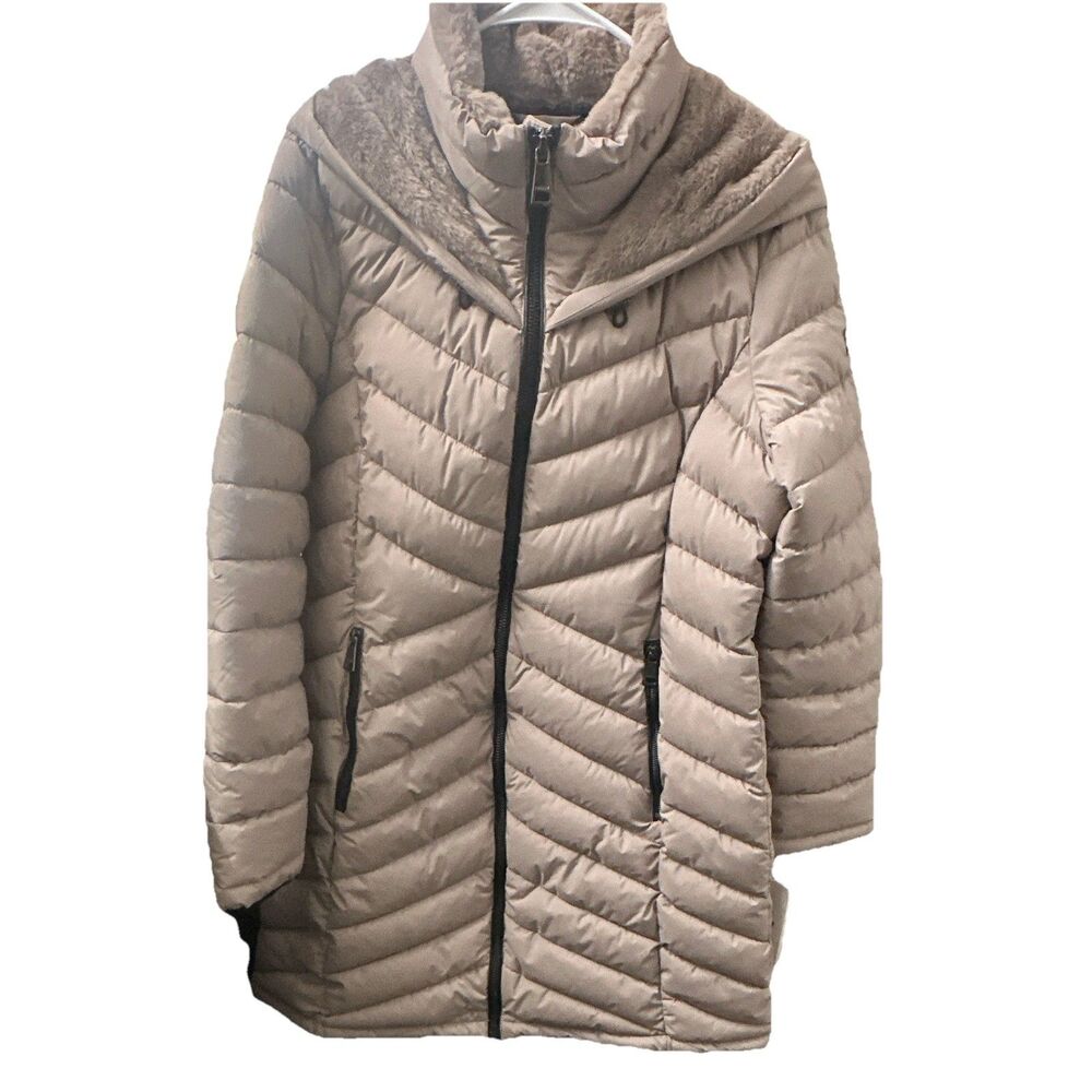DKNY Womens Puffer Jacket Large Taupe Hooded Quilted Coat NWT MSRP $200